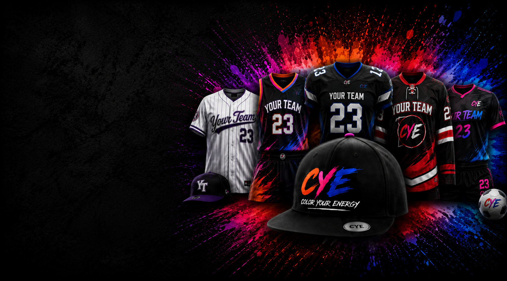 CYE custom jerseys and hat hero graphic